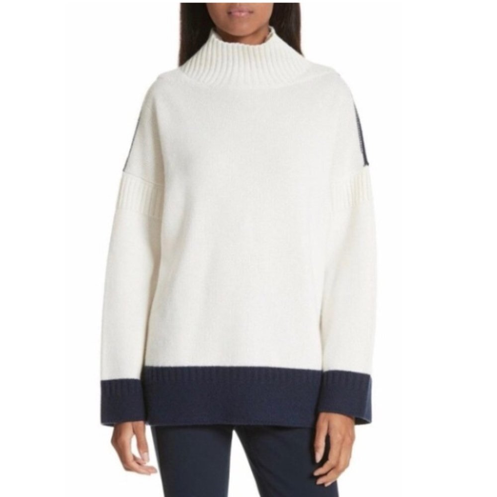 rag & bone White and Navy Funnel Neck Colorblock Sweater